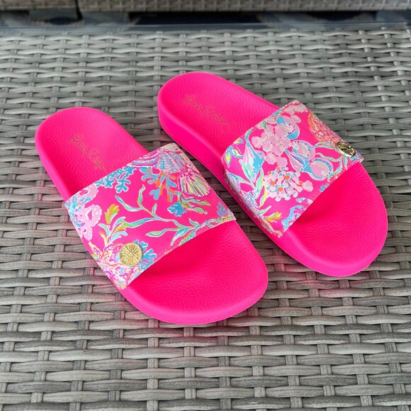 Lilly Pulitzer Cabana Slide Sandals Size 8 Pink Isle Shell Me Something Good - Picture 11 of 12
